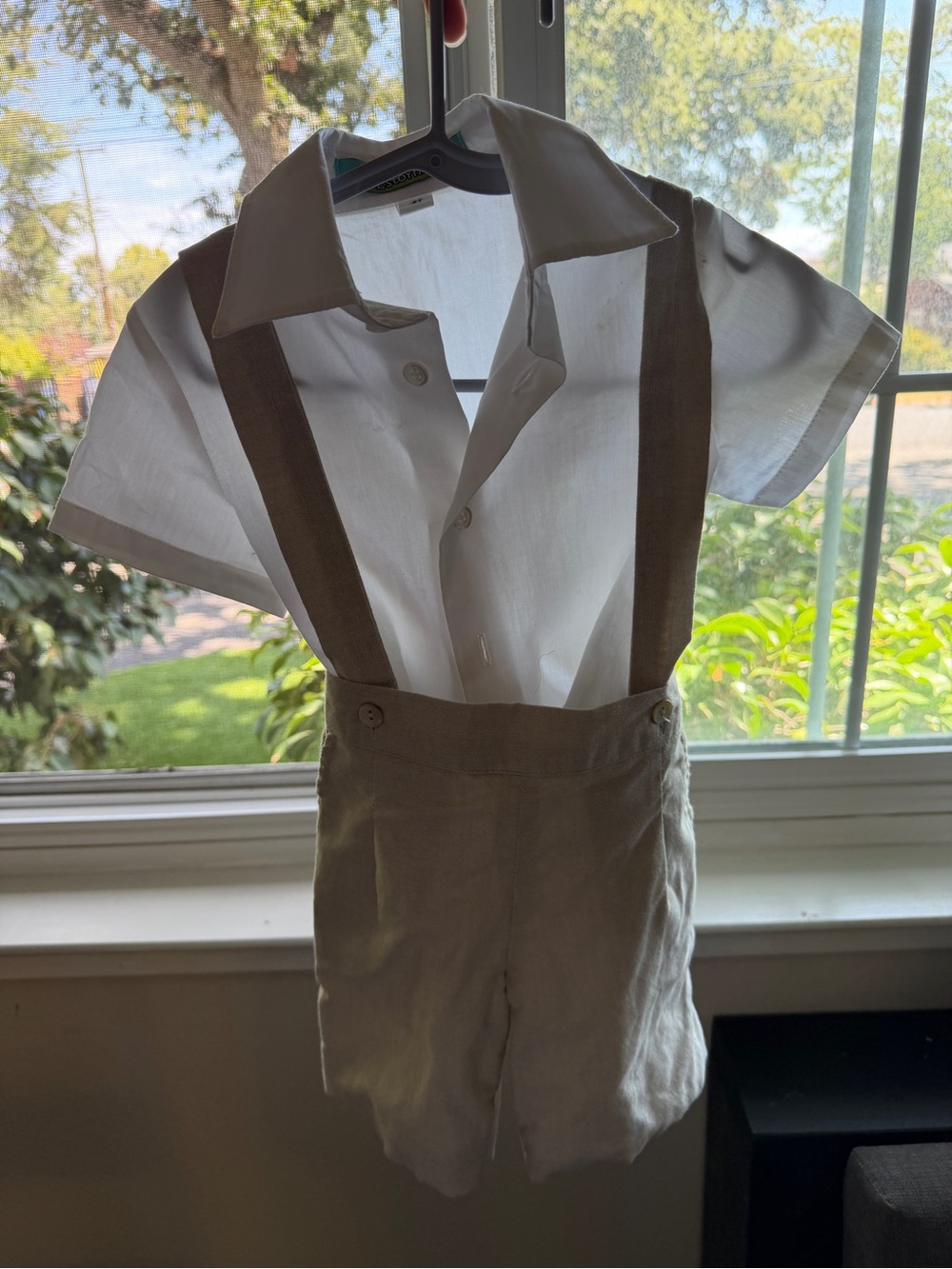 Toddler boy wedding or baptism outfit - Tan Suspender Shorts & white shirt
